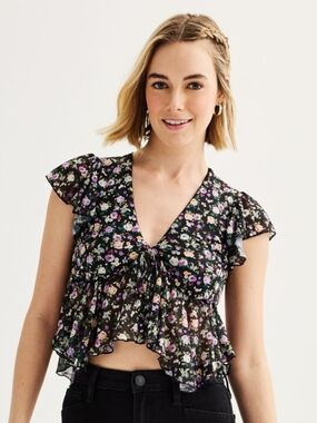 Love, Fire Black Floral Hanky Hem Flyaway Peplum Top Mesh Flutter Sleeve